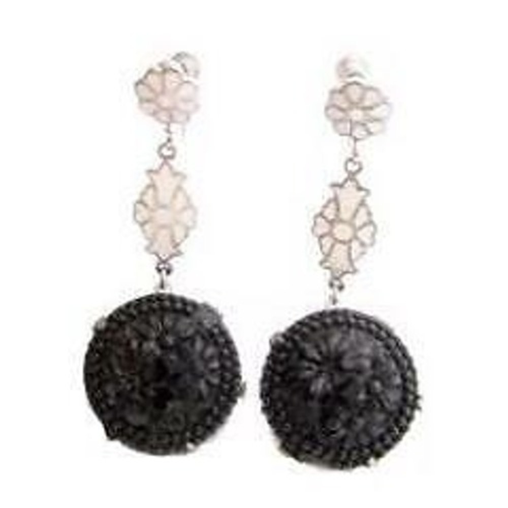 Art Deco Czech White‎ Enamel Black Molded Glass Flower Vintage Drop Earrings